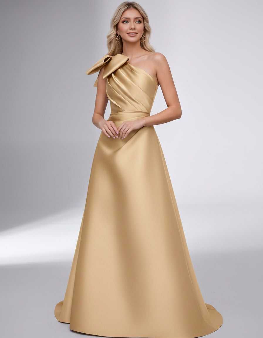 Celestia Maxi Dress by Lauven — satin one shoulder A-line maxi dress with bow