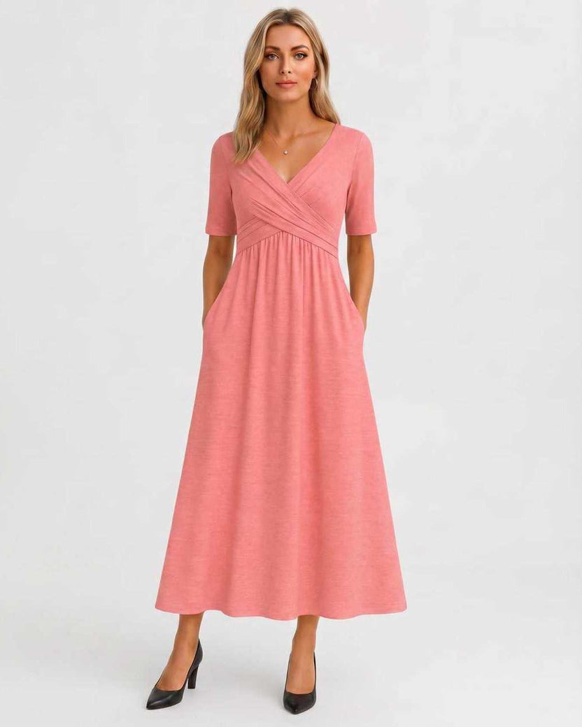 Velmira Midi Dress by Lauven — pink soft stretch short sleeve V-neck A-line midi dress