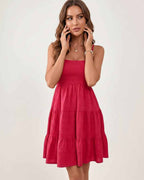 Solara Mini Dress by Lauven — textured sleeveless square neck tiered swing mini dress
