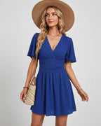 Calista Mini Dress by Lauven — chiffon ruffled short sleeve V-neck A-line mini dress