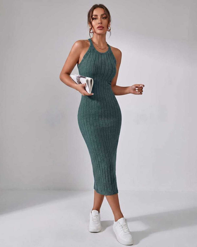 Lunara Midi Dress by Lauven — navy ribbed knit sleeveless crew neck slim-fit midi dress