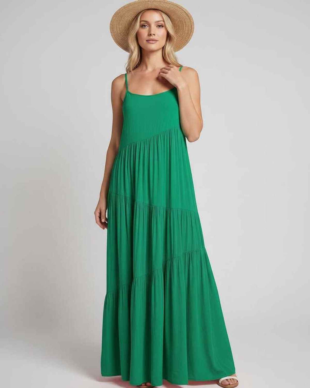 Solenne Maxi Dress by Lauven — rayon blend sleeveless scoop neck tiered A-line maxi dress