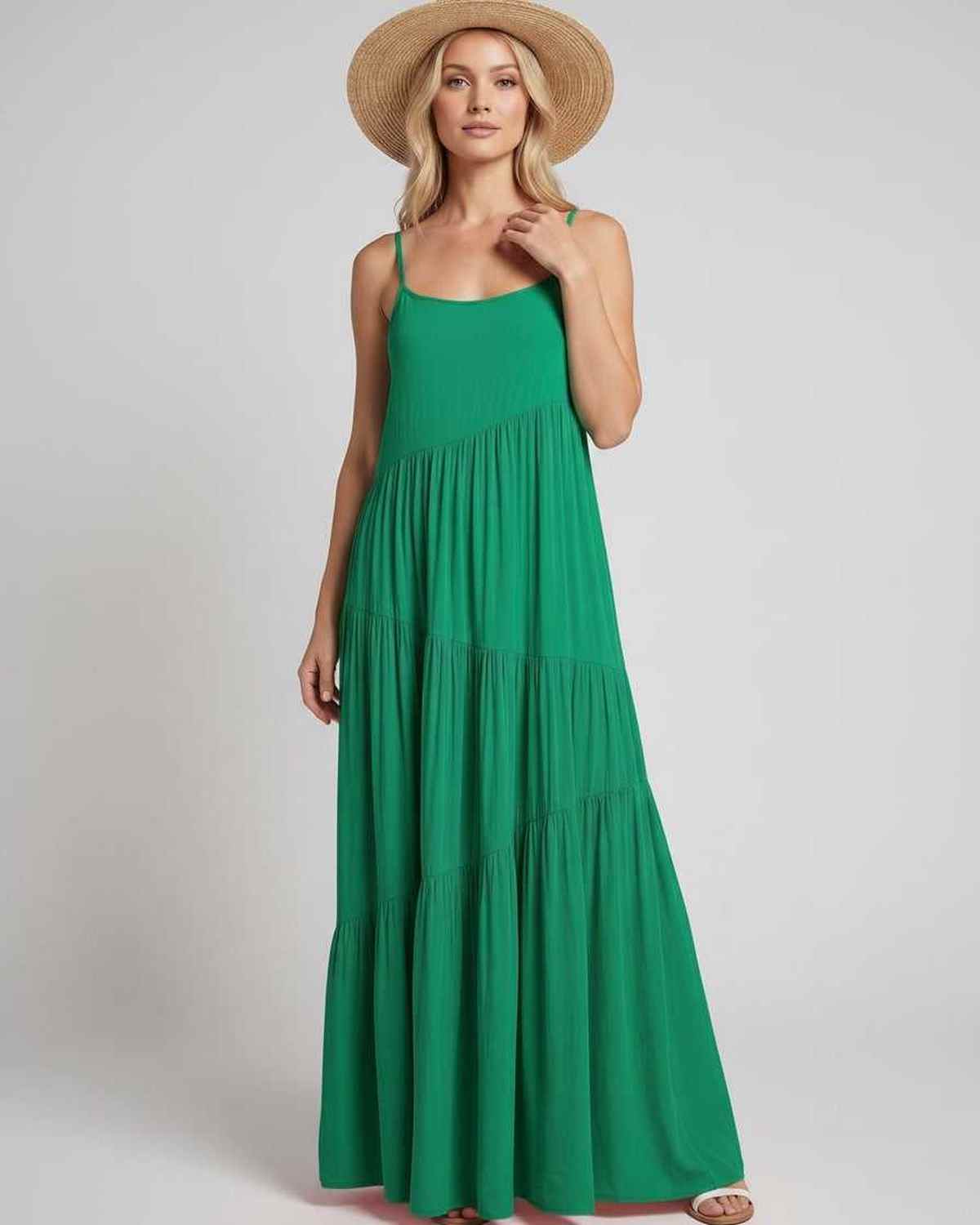 Solenne Maxi Dress by Lauven — rayon blend sleeveless scoop neck tiered A-line maxi dress