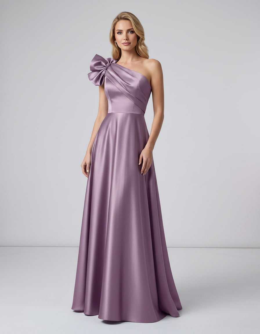 Aurevina Maxi Dress by Lauven — satin one shoulder A-line maxi dress with ruffle detail