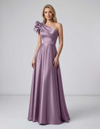 Aurevina Maxi Dress by Lauven — satin one shoulder A-line maxi dress with ruffle detail