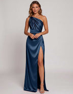 Veloura Maxi Dress by Lauven — satin one-shoulder mermaid maxi dress with slit