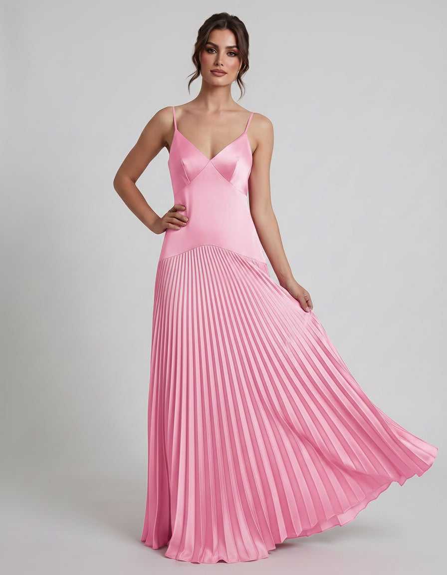Veloura Maxi Dress by Lauven — satin spaghetti strap V-neck A-line maxi dress