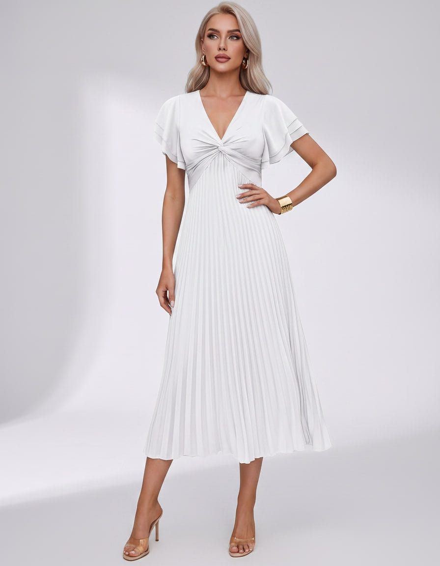 Veloura Midi Dress by Lauven — pleated chiffon flutter sleeve V-neck A-line midi dress