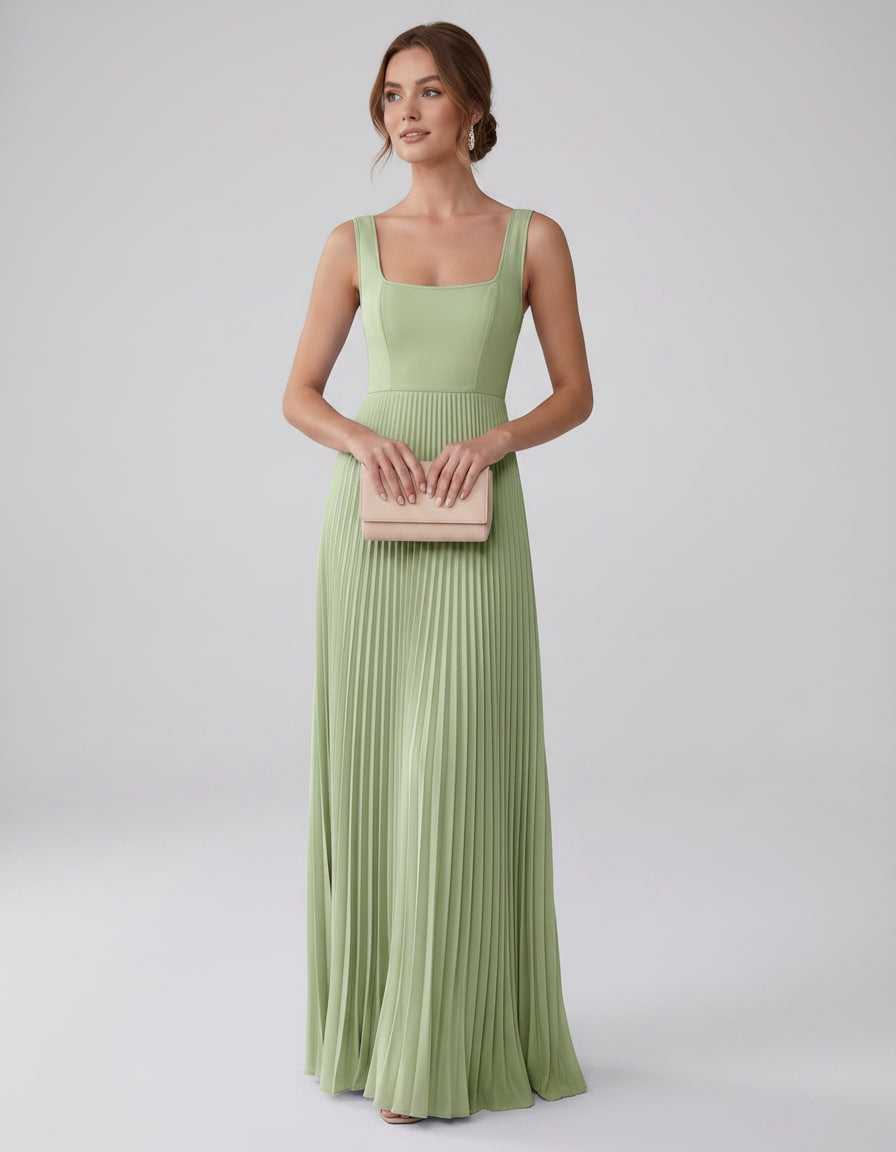 Veloura Maxi Dress by Lauven — satin chiffon sleeveless square neck pleated A-line maxi dress
