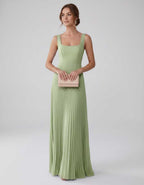 Veloura Maxi Dress by Lauven — satin chiffon sleeveless square neck pleated A-line maxi dress