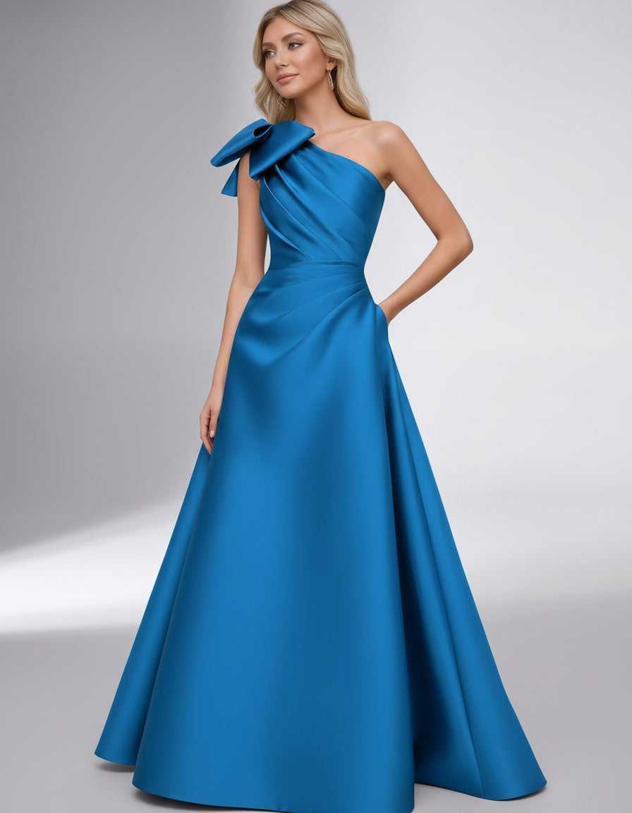 Celestia Maxi Dress by Lauven — satin one shoulder A-line maxi dress with bow