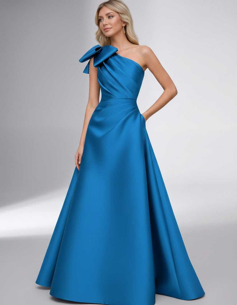 Celestia Maxi Dress by Lauven — satin one shoulder A-line maxi dress with bow
