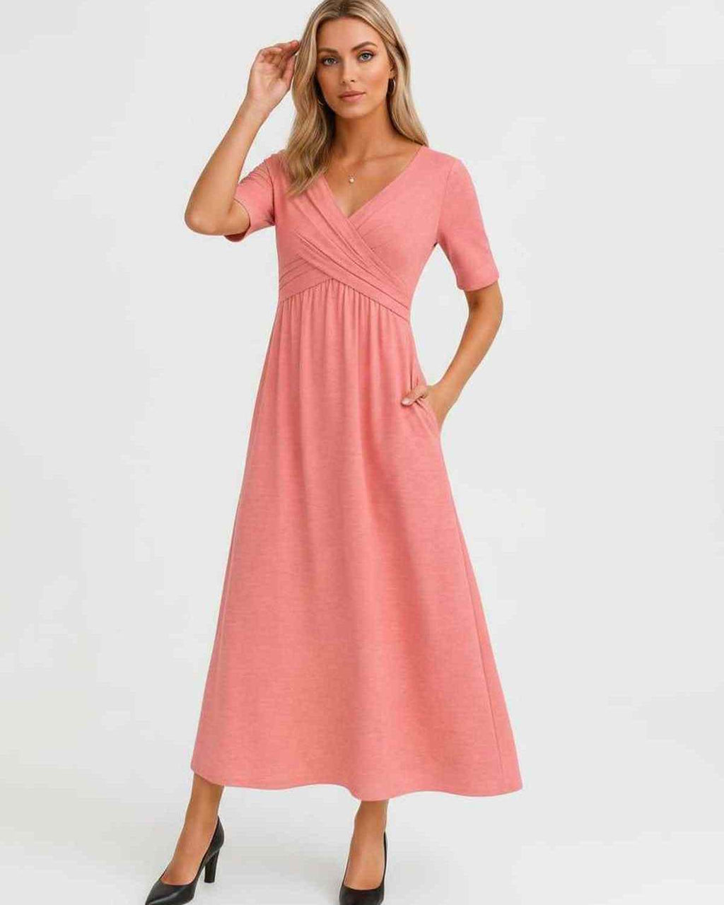 Velmira Midi Dress by Lauven — soft stretch short sleeve V-neck A-line midi dress