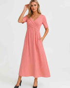 Velmira Midi Dress by Lauven — soft stretch short sleeve V-neck A-line midi dress