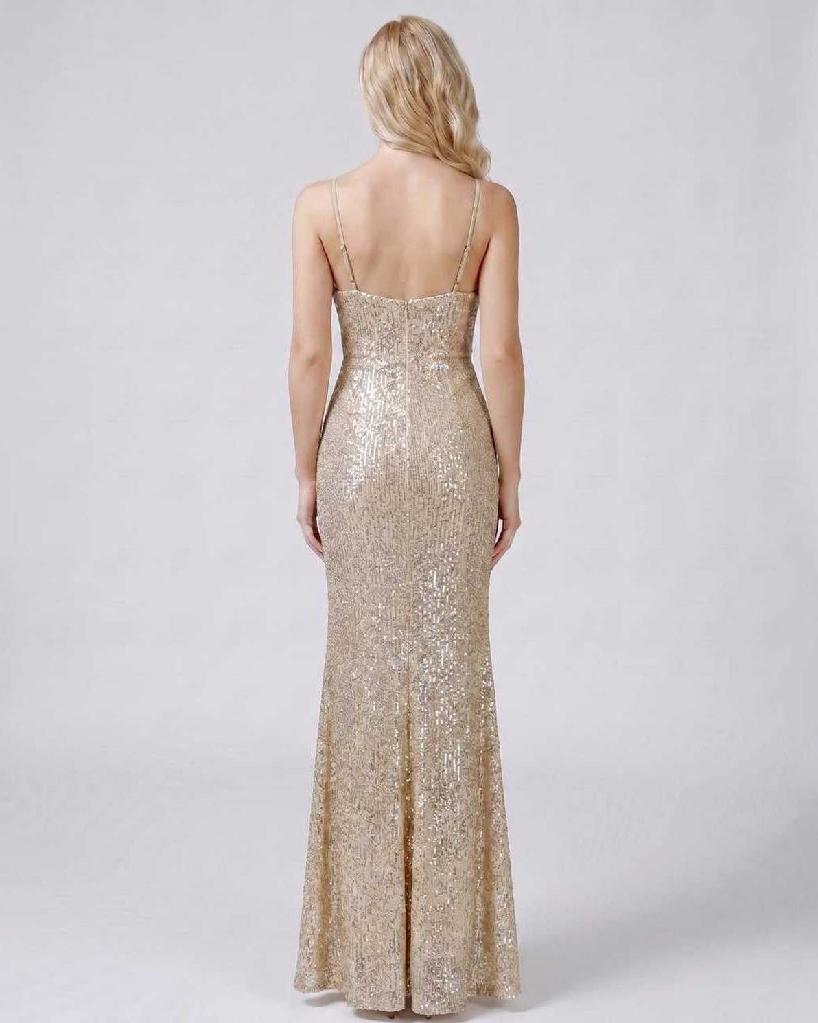 Celeste Maxi Dress by Lauven — sequin sleeveless V-neck mermaid maxi dress with spaghetti straps and front slit