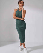 Lunara Midi Dress by Lauven — ribbed knit sleeveless crew neck slim-fit midi dress