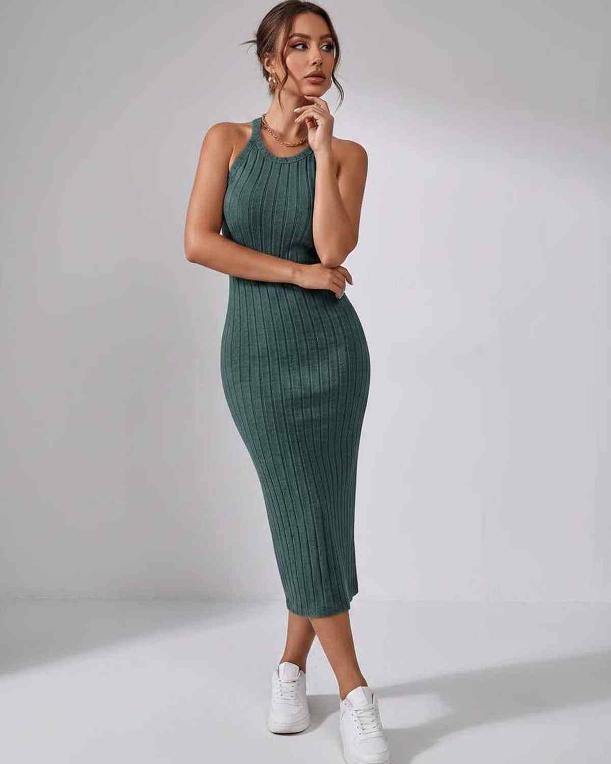 Lunara Midi Dress by Lauven — ribbed knit sleeveless crew neck slim-fit midi dress
