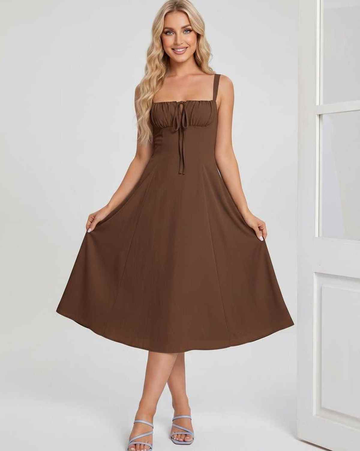 Serelune Midi Dress by Lauven — lightweight sleeveless square neck A-line midi dress