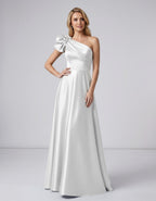 Aurevina Maxi Dress by Lauven — satin one shoulder A-line maxi dress with ruffle detail