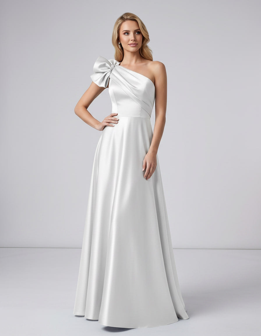 Aurevina Maxi Dress by Lauven — satin one shoulder A-line maxi dress with ruffle detail