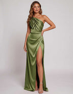 Veloura Maxi Dress by Lauven — satin one-shoulder mermaid maxi dress with slit
