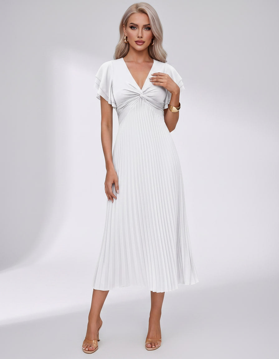 Veloura Midi Dress by Lauven — pleated chiffon flutter sleeve V-neck A-line midi dress