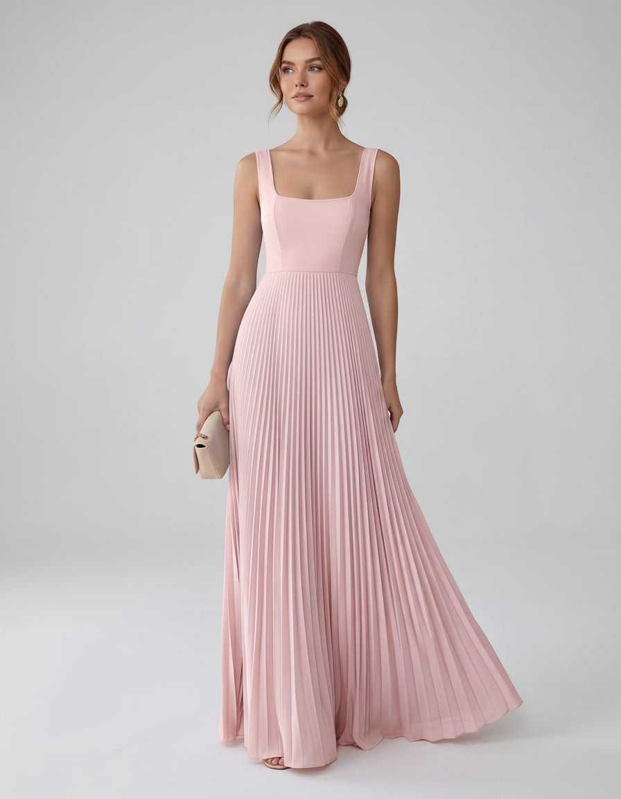 Veloura Maxi Dress by Lauven — satin chiffon sleeveless square neck pleated A-line maxi dress