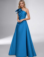 Celestia Maxi Dress by Lauven — satin one shoulder A-line maxi dress with bow