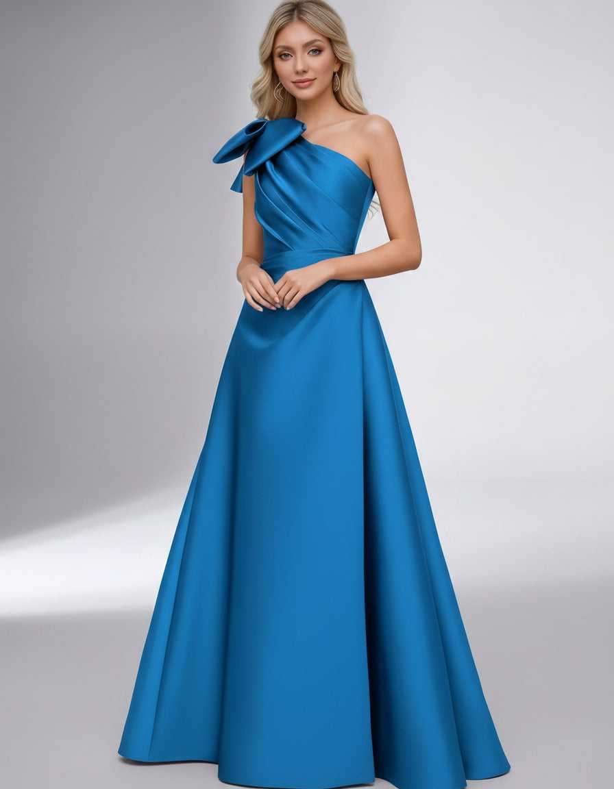 Celestia Maxi Dress by Lauven — satin one shoulder A-line maxi dress with bow