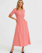 Velmira Midi Dress by Lauven — soft stretch short sleeve V-neck A-line midi dress