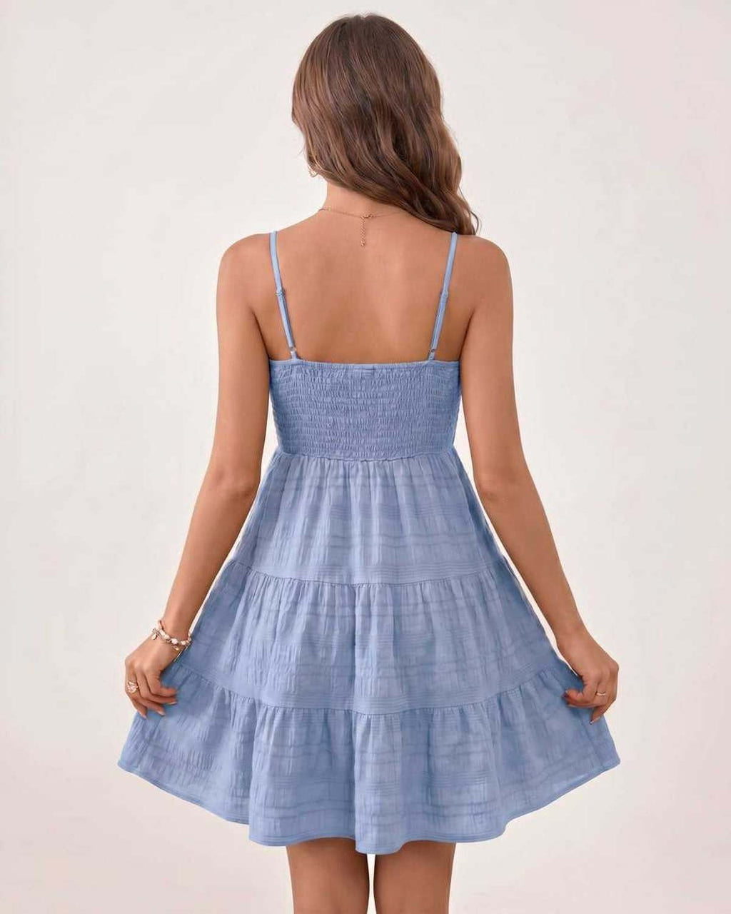 Solara Mini Dress by Lauven — textured sleeveless square neck tiered swing mini dress