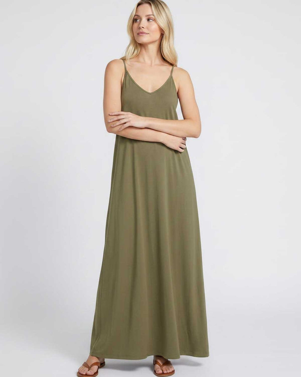Solenne Maxi Dress by Lauven — soft stretch sleeveless V-neck relaxed A-line maxi dress