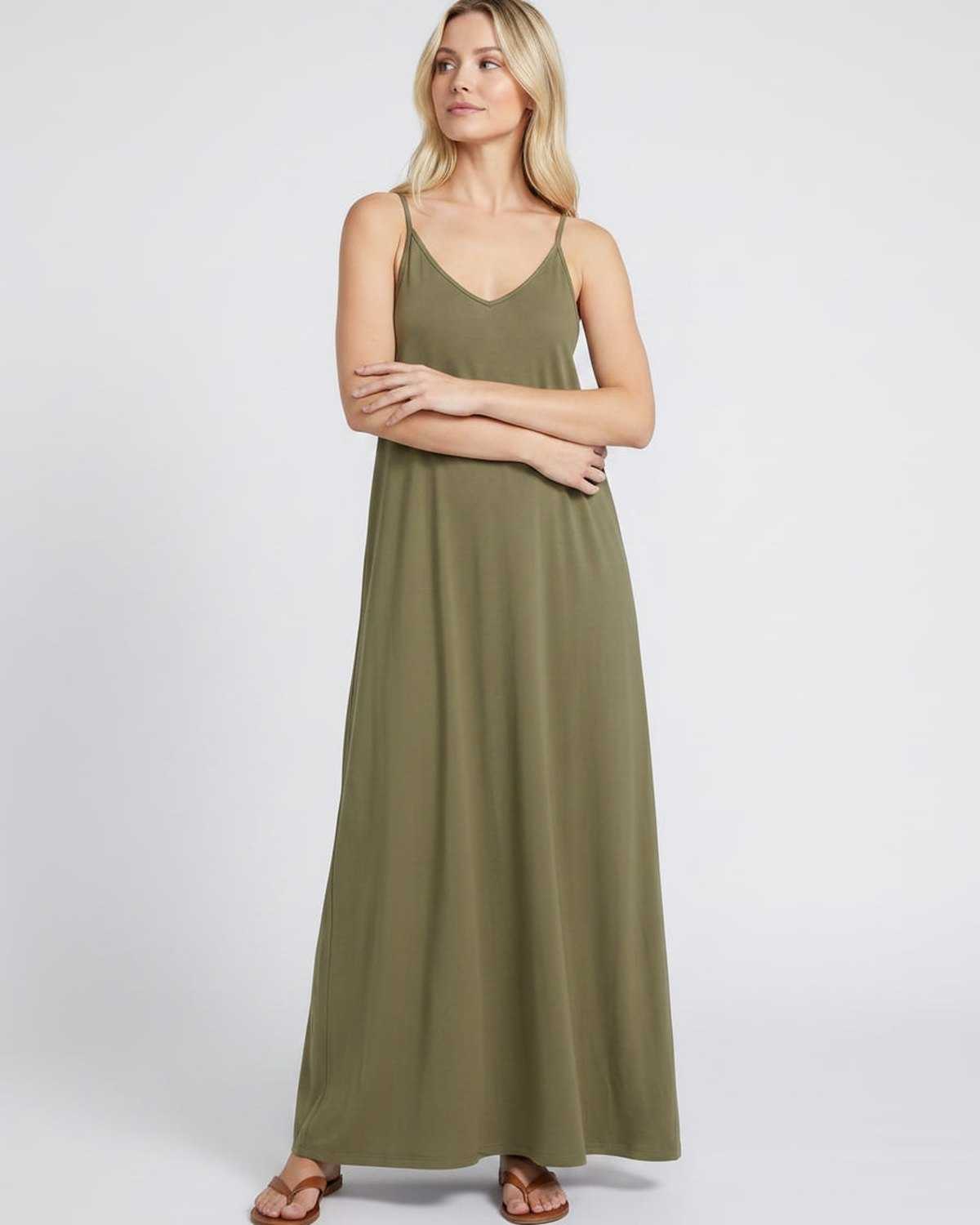 Solenne Maxi Dress by Lauven — soft stretch sleeveless V-neck relaxed A-line maxi dress