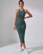 Lunara Midi Dress by Lauven — ribbed knit sleeveless crew neck slim-fit midi dress
