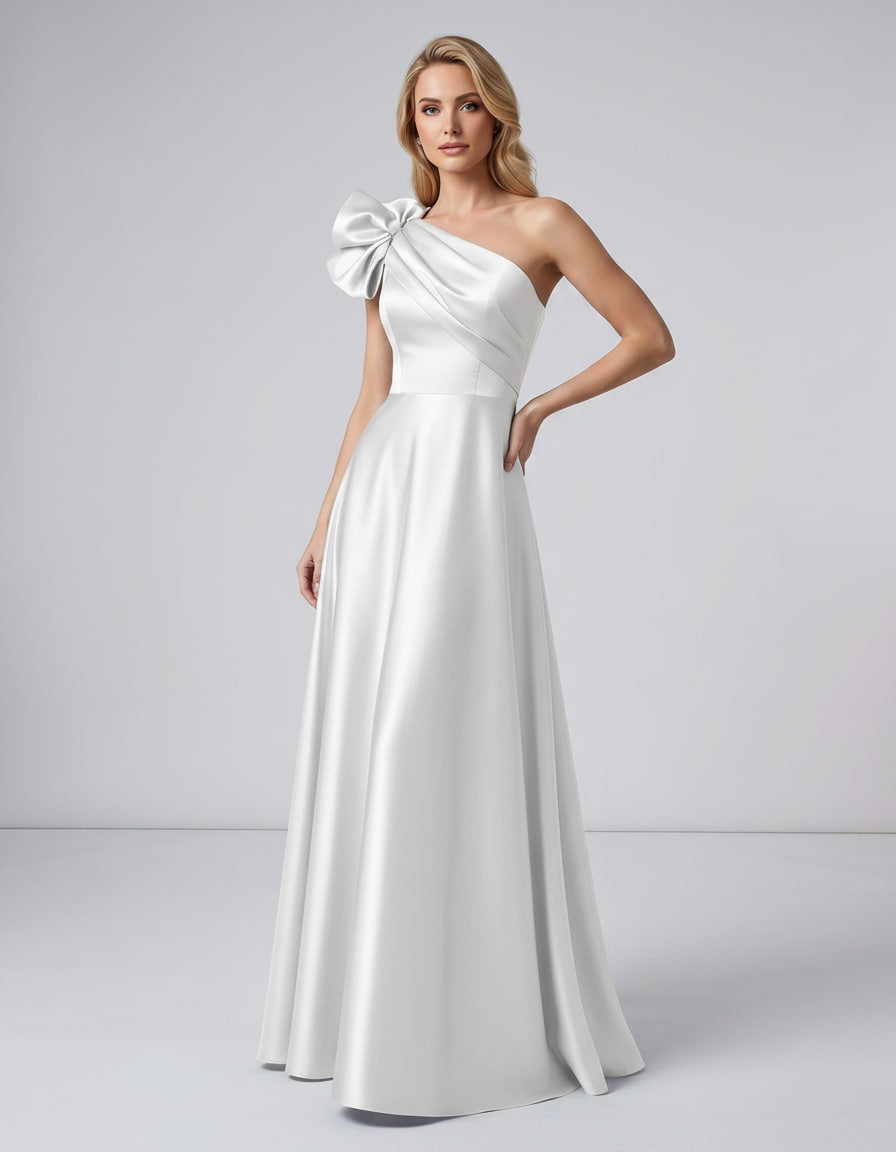 Aurevina Maxi Dress by Lauven — satin one shoulder A-line maxi dress with ruffle detail