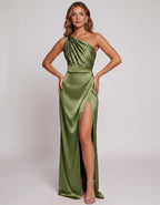 Veloura Maxi Dress by Lauven — satin one-shoulder mermaid maxi dress with slit