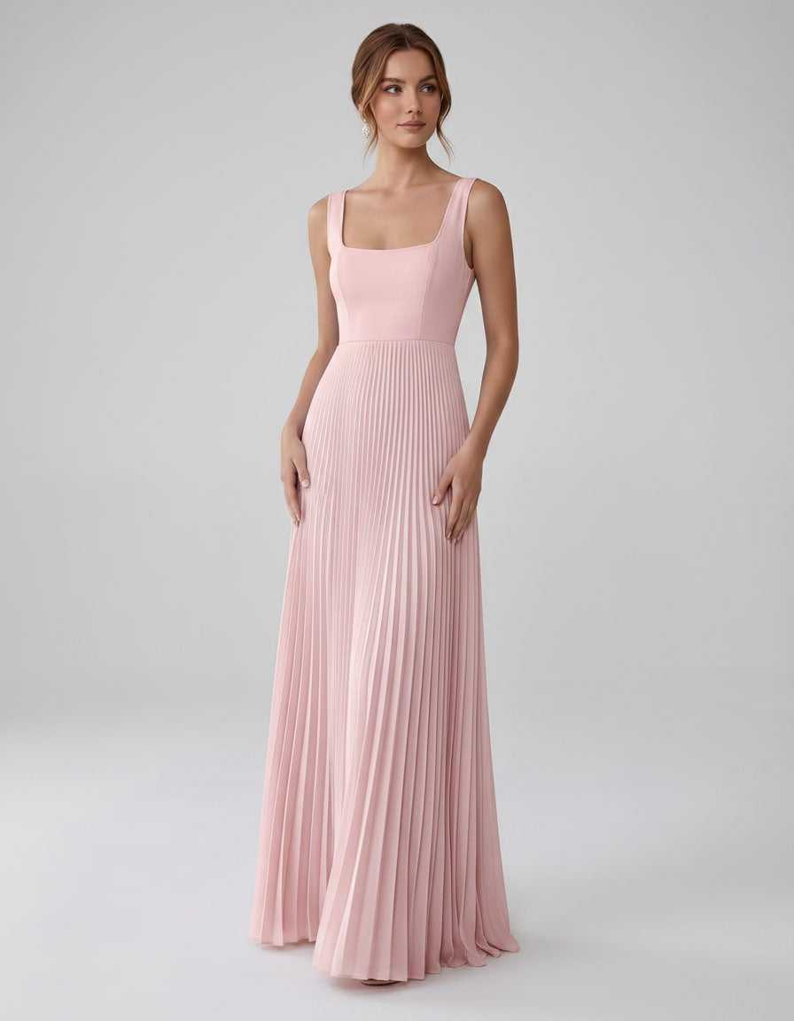 Veloura Maxi Dress by Lauven — satin chiffon sleeveless square neck pleated A-line maxi dress