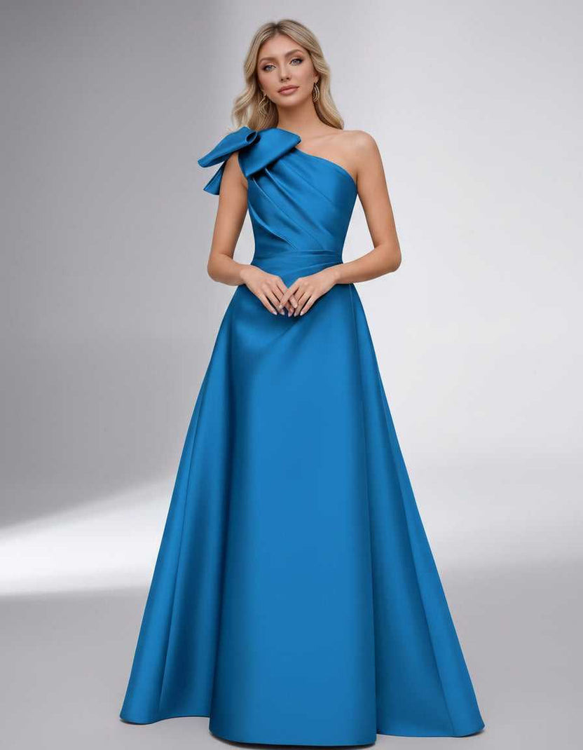 Celestia Maxi Dress by Lauven — satin one shoulder A-line maxi dress with bow