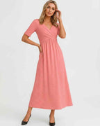 Velmira Midi Dress by Lauven — soft stretch short sleeve V-neck A-line midi dress
