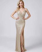 Celeste Maxi Dress by Lauven — sequin sleeveless V-neck mermaid maxi dress with spaghetti straps and front slit