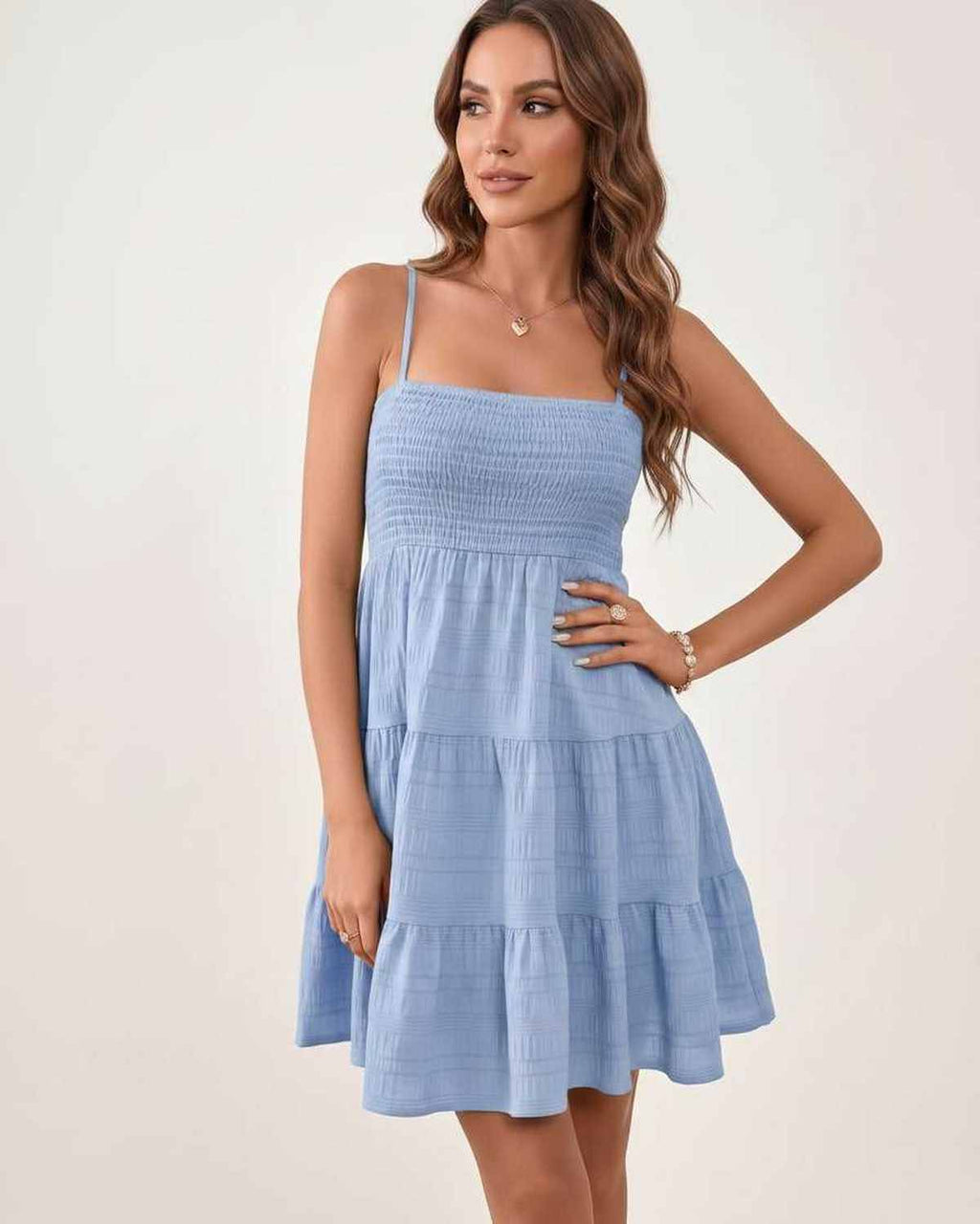 Solara Mini Dress by Lauven — textured sleeveless square neck tiered swing mini dress