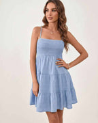 Solara Mini Dress by Lauven — textured sleeveless square neck tiered swing mini dress