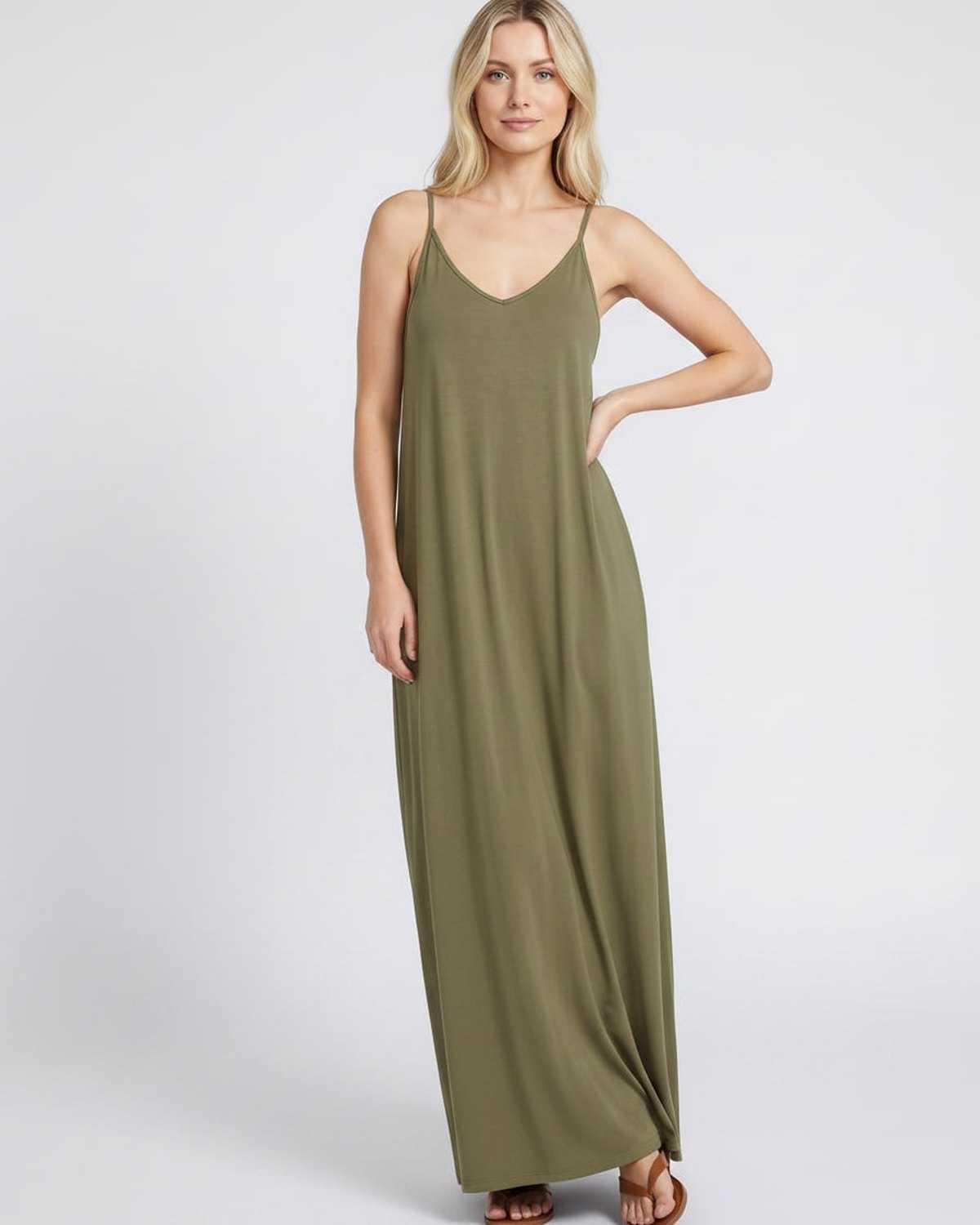 Solenne Maxi Dress by Lauven — soft stretch sleeveless V-neck relaxed A-line maxi dress