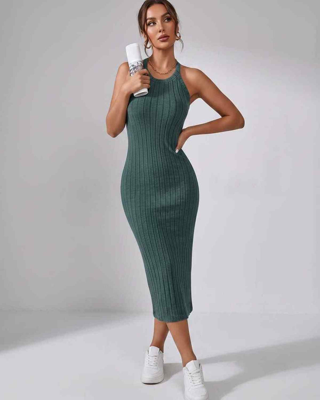 Lunara Midi Dress by Lauven — ribbed knit sleeveless crew neck slim-fit midi dress