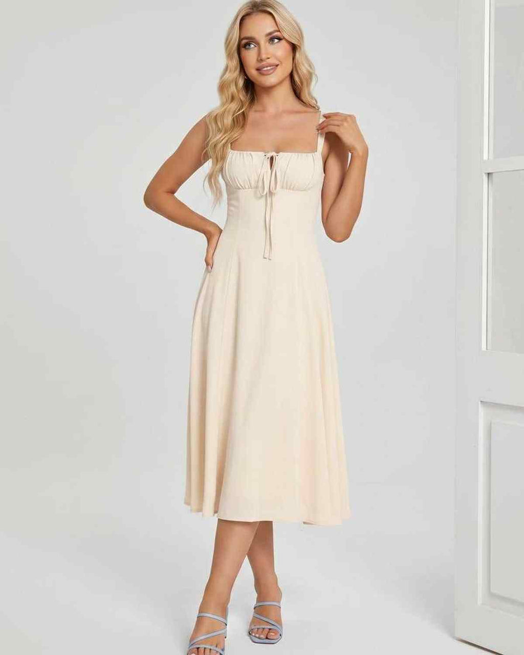 Serelune Midi Dress by Lauven — lightweight sleeveless square neck A-line midi dress