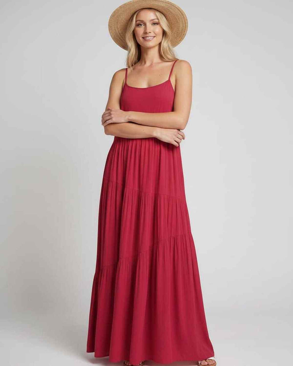 Solenne Maxi Dress by Lauven — rayon blend sleeveless scoop neck tiered A-line maxi dress
