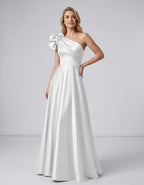 Aurevina Maxi Dress by Lauven — satin one shoulder A-line maxi dress with ruffle detail