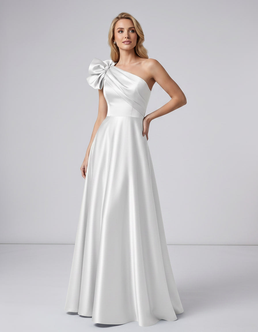 Aurevina Maxi Dress by Lauven — satin one shoulder A-line maxi dress with ruffle detail