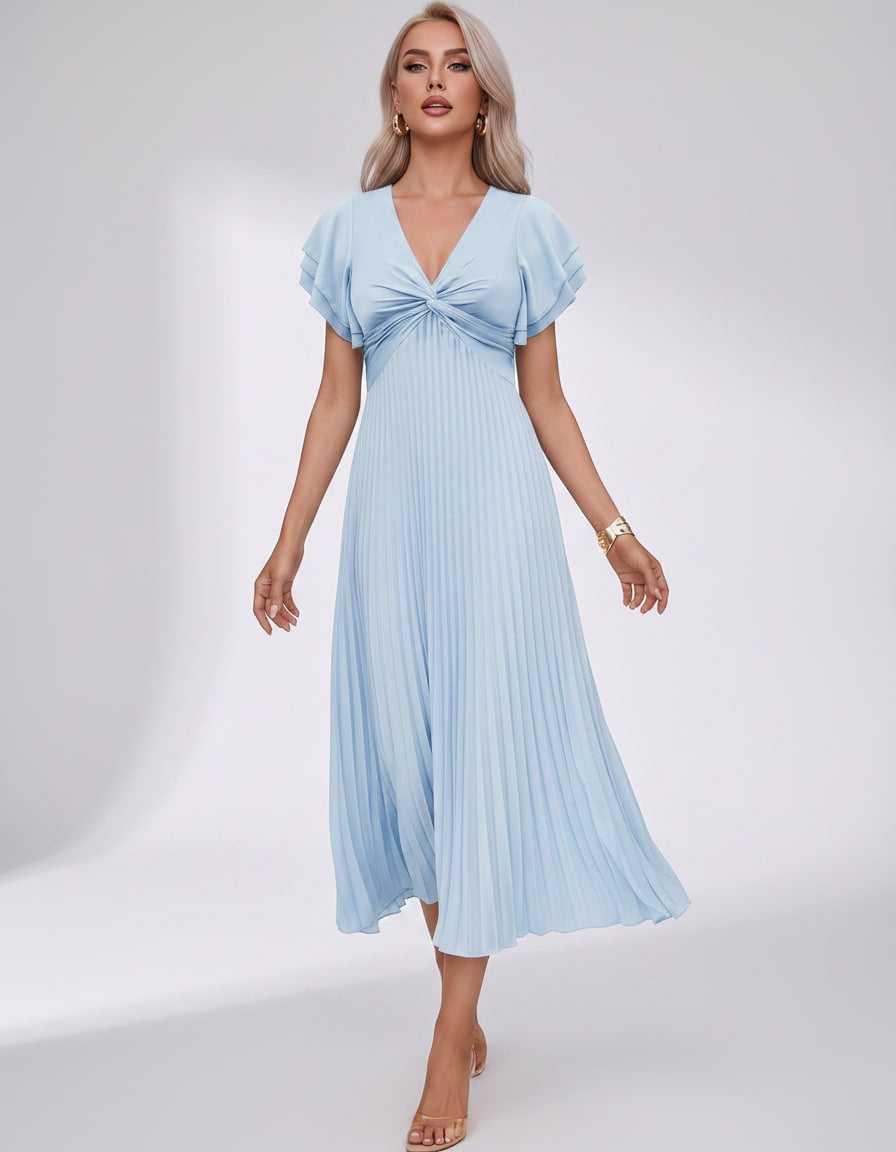 Veloura Midi Dress by Lauven — pleated chiffon flutter sleeve V-neck A-line midi dress
