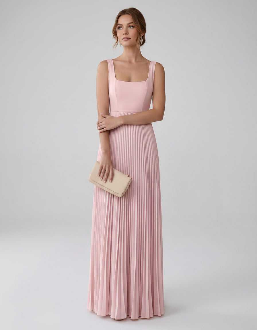 Veloura Maxi Dress by Lauven — satin chiffon sleeveless square neck pleated A-line maxi dress